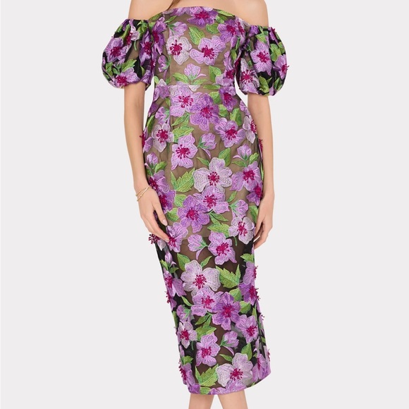 Milly Nira Off-Shoulder 3D Floral Appliqué Embroidered Midi Dress NWT Medium - Picture 10 of 17